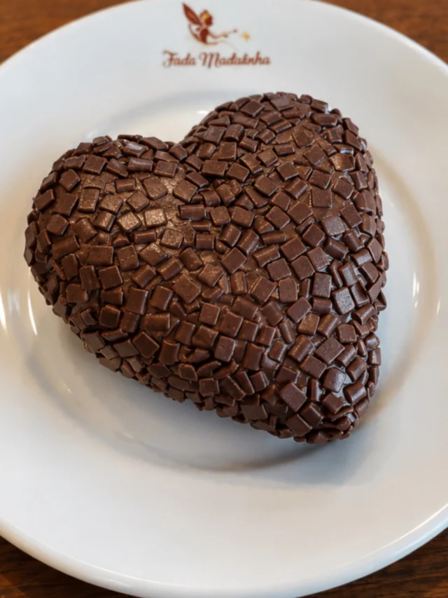 Sobremesa de chocolate em formato de coração no prato da Fada Madrinha